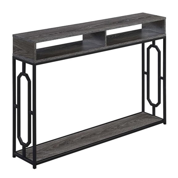 Omega Deluxe 2 Tier Console Table in Weathered Gray Wood and Black Frame