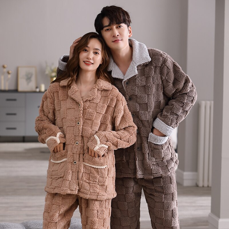 QWZNDZGR Winter Sleepwear Couple Cotton Pajama Sets Round Neck Male Pijama  Pants Home Clothes Pyjamas Women Men Loungewear Sleeping 