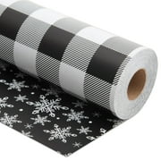 FIEHALA Reversible Christmas PresNok Wrapping Paper Jumbo Roll - Black Buffalo Plaid & Snowflakes Patterns - 17 inches x 100 Feet