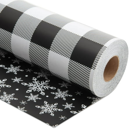 FIEHALA Reversible Christmas PresNok Wrapping Paper Jumbo Roll - Black Buffalo Plaid & Snowflakes Patterns - 17 inches x 100 Feet