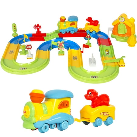 Best Choice Products Kids Electric Train Track Car Toy Set w/ Puppy, Traffic Signs, Stickers, Lights, Sounds