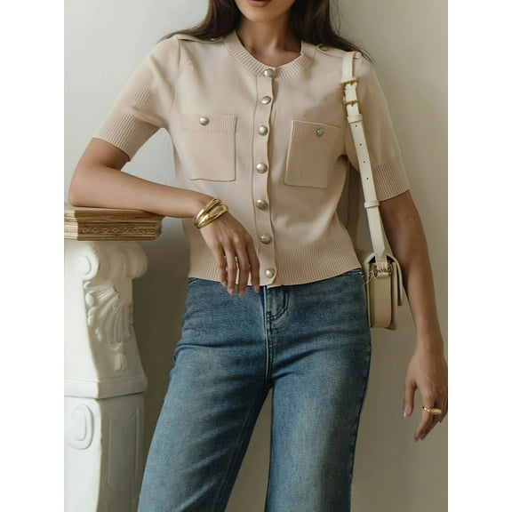 Elegant Polyester Knit Cardigan for Women - Solid Color Crew Neck Sweater with Button Details, All-Season Versatile Fashion