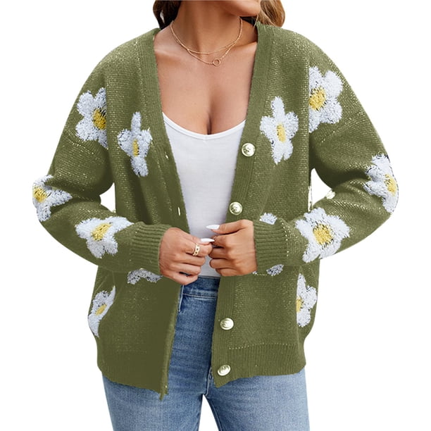 Cárdigan de Punto para Mujer con Estampado Floral, Larga, Abierto por Delante, con Botones y Cuello en V Verde L