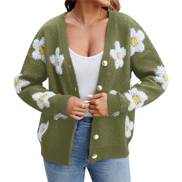Cárdigan de Punto para Mujer con Estampado Floral, Larga, Abierto por Delante, con Botones y Cuello en V Verde L