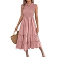 thumbnail image 3 of Women's Sleeveless Smocked Ruffle Neck Tiered Casual Flowy Midi Dress Pink L, 3 of 10