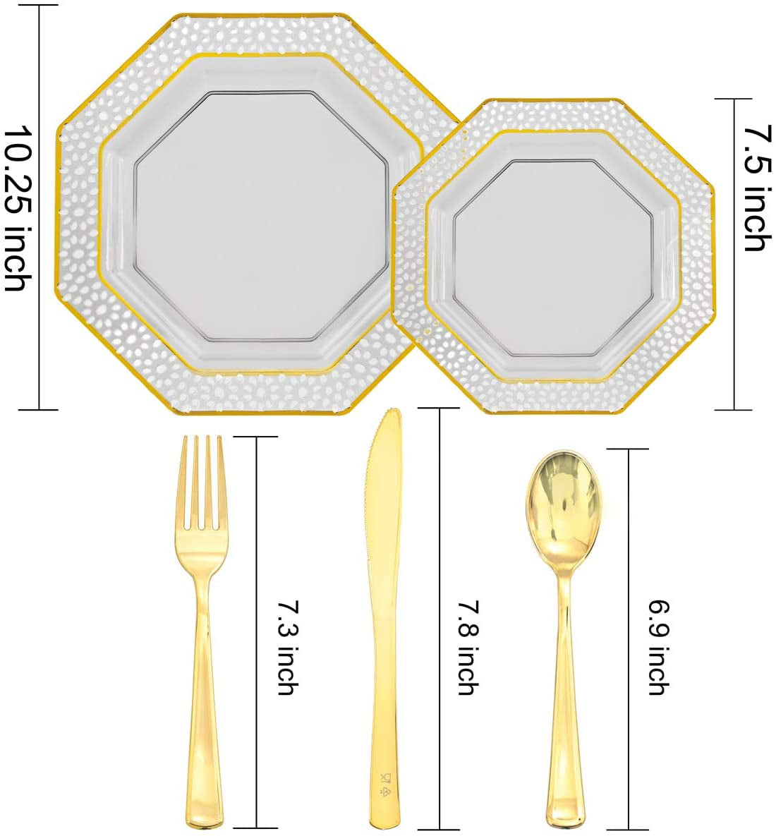 30 Knives 30 Forks Clear Gold Dinnerware Set Include 30 Dinner Plates 10.25 I00000 150 Pieces Black Gold Plastic Plates & Gold Disposable Silverware 30 Spoons 30 Dessert Plates 7.5 