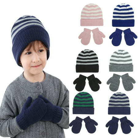 

KYAIGUO Toddler Boys Winter Hat and Snow Gloves Set Baby Girls 2PCS Pom-Pom Knitted Beanie with Warm Mittens for 18M-8T