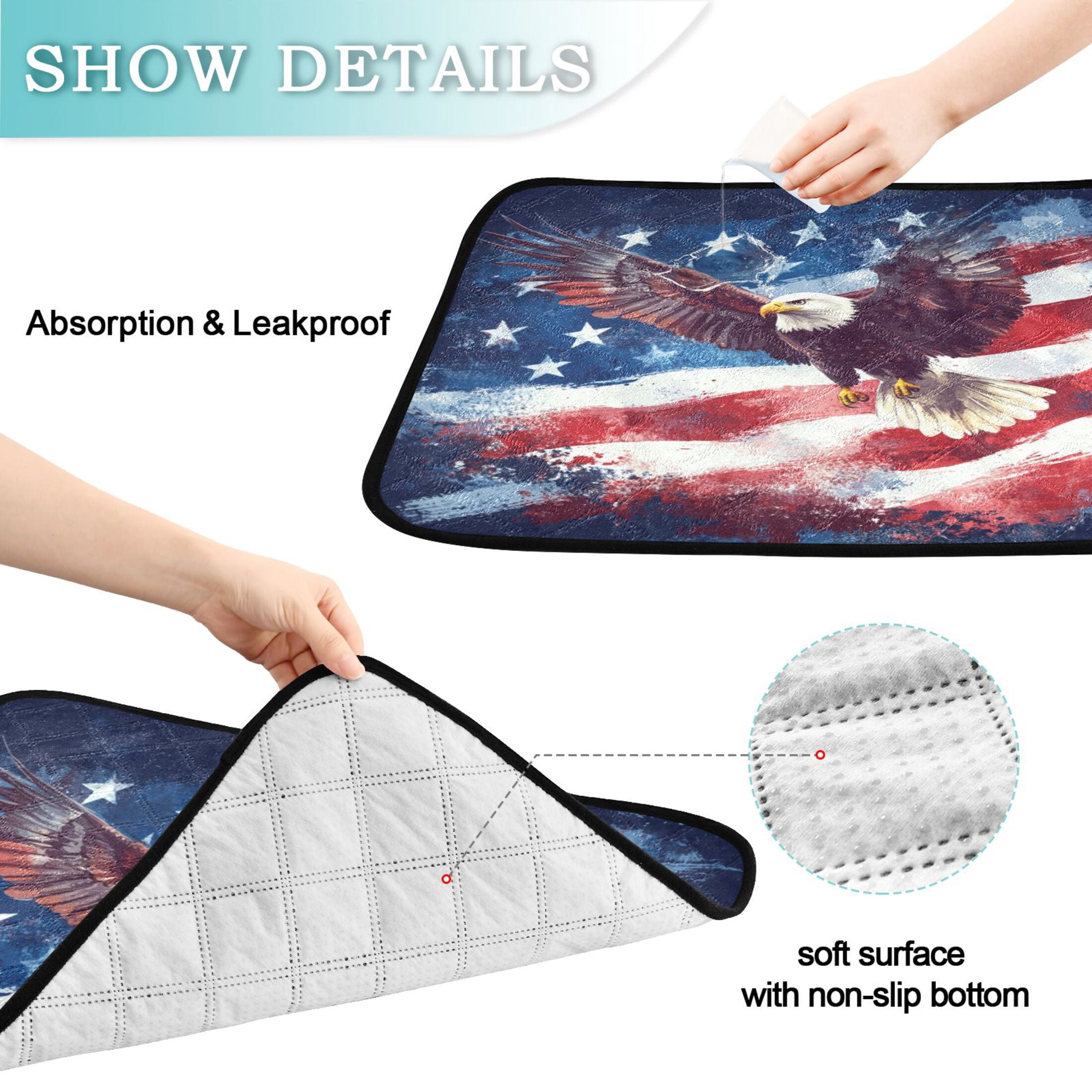 Qxltty American Flag with Eagle Cat litter Pads Pet Set of 2 Diaper Mats Center Anti-leakage Layer Absorbent Soft and Comfortable