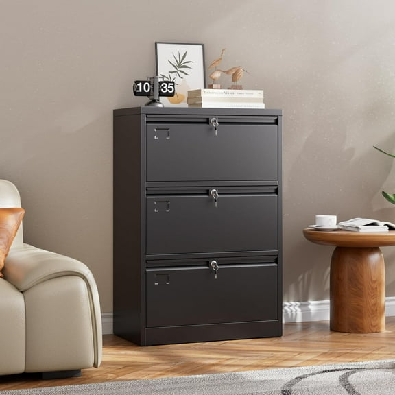 OCHAPA 3-Drawer Locking File Cabinet, Black Lateral Storage for Home Office