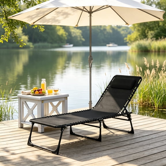 Folding Chaise Lounge Pool Chair for Poolside Sunbathing, 4-Position Reclining Back, Pillow, Breathable Mesh & Bungee Seat, Black