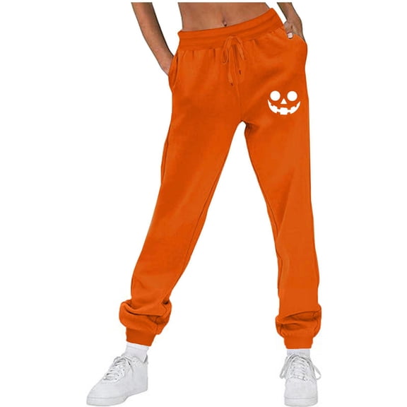 Joggers Pants for Women Halloween Casual Print Drawstring Sweatpants with Pocket Fall Loose High Waisted Trousers, Orange, L