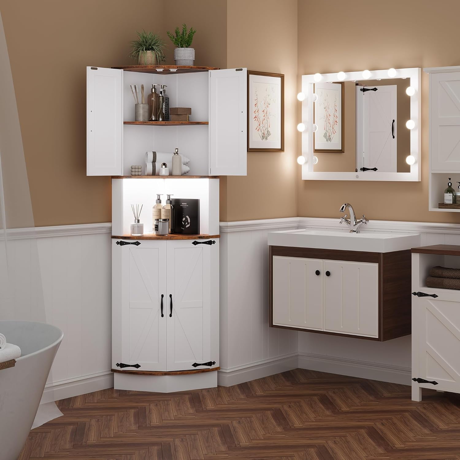 65" Tall Farmhouse Corner Cabinet with LED Light, Display Storage Cabinet with Barn Door, Tall Bathroom Cabinet, Standing Corner Storage Cabinet with 5 Tier Shelves and USB Ports & Outlets for Living