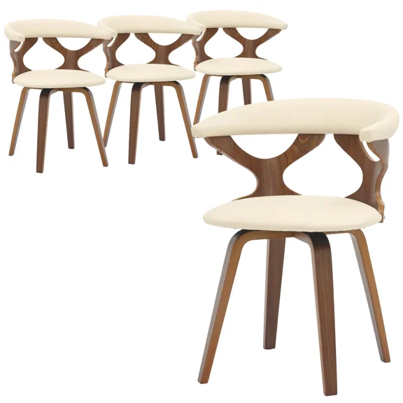 LeisureMod Klyne Leather Dining Chair with Poplar Wood Frame – Mid-Century Wooden Accent Chair with Swivel Base and Curved Open Back Side Chair for Kitchen or Dining Room Set of 4