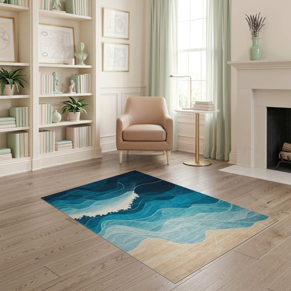ODIKA 4'x6' Serene Oceanic Abstract Design Washable Area Rug Stain Resistant, Low Pile, Easy Care for Dorm Room, Small Living