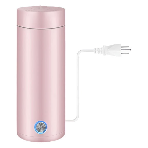 HIBIBUD Portable Electric Kettle,400Ml Travel Tea Kettle with Non-Stick Coating,Double Wall Water Boiler Bottle,Insulated Coffee Thermos Mug,Fast Boil and Auto Shut Off Hot Water Heater (Pink)