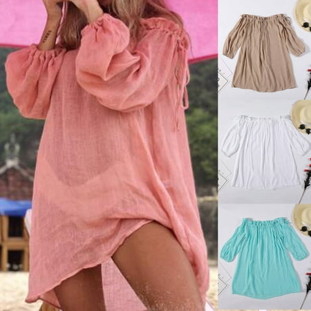 Joernso Solid Color Long Sleeve Thin Sunscreen Dress Lady Off Shoulder Bikini Cover Up for Swimming Pool