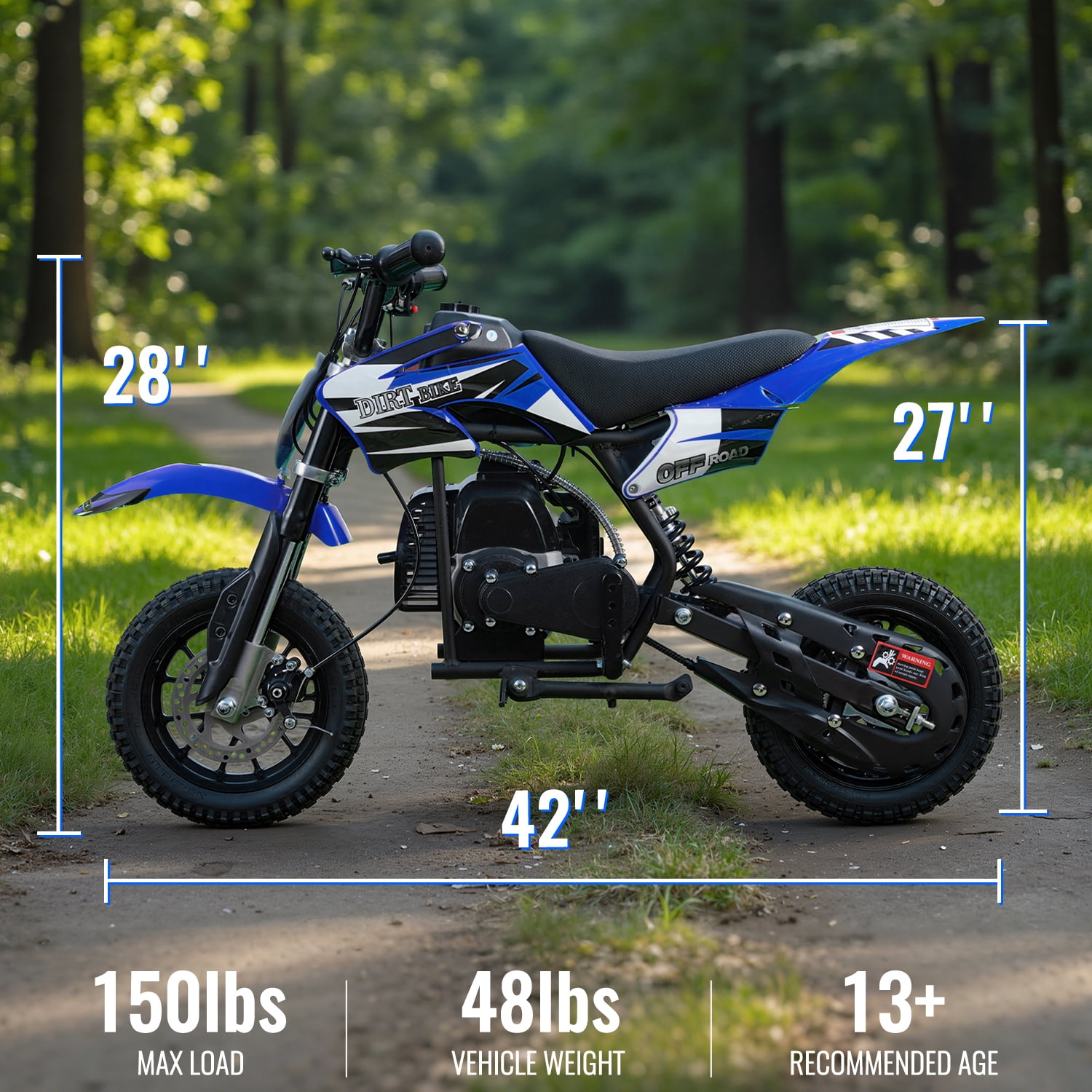 TOXOZERS 50cc 2-Stroke Dirt Bike ,Off-Road Mini Bike for Kids Ages 8+, Pit Bike with Safety Kill Switch, 25mph, 150 lbs, Blue