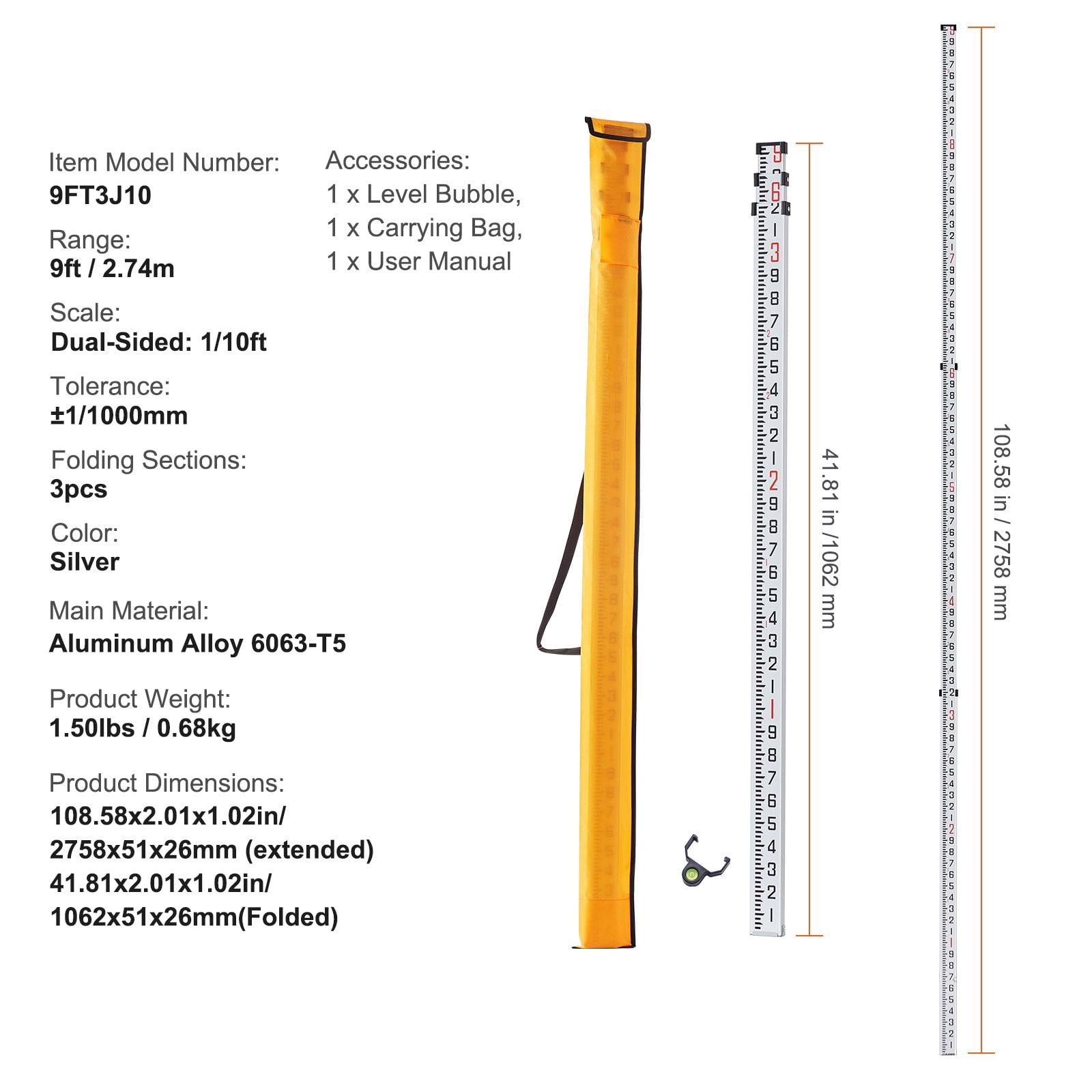 Aluminum Grade Rod, 9-Feet/10ths 3 Sections Telescopic Measuring Rod,Double-Sided Scale 1/10ft Leveling Rod Stick,Aluminum Alloy Survey Rod with Bubble Level&Carrying Bag for Houses,Walls,Floors