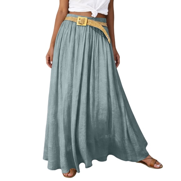 Bbyeadc Maxi Skirts for Women Cotton Linen Elastic Waist Pleated Skirts High Waisted Swing Solid Color Casual Vacation Outfits with Belt,Blue (S)