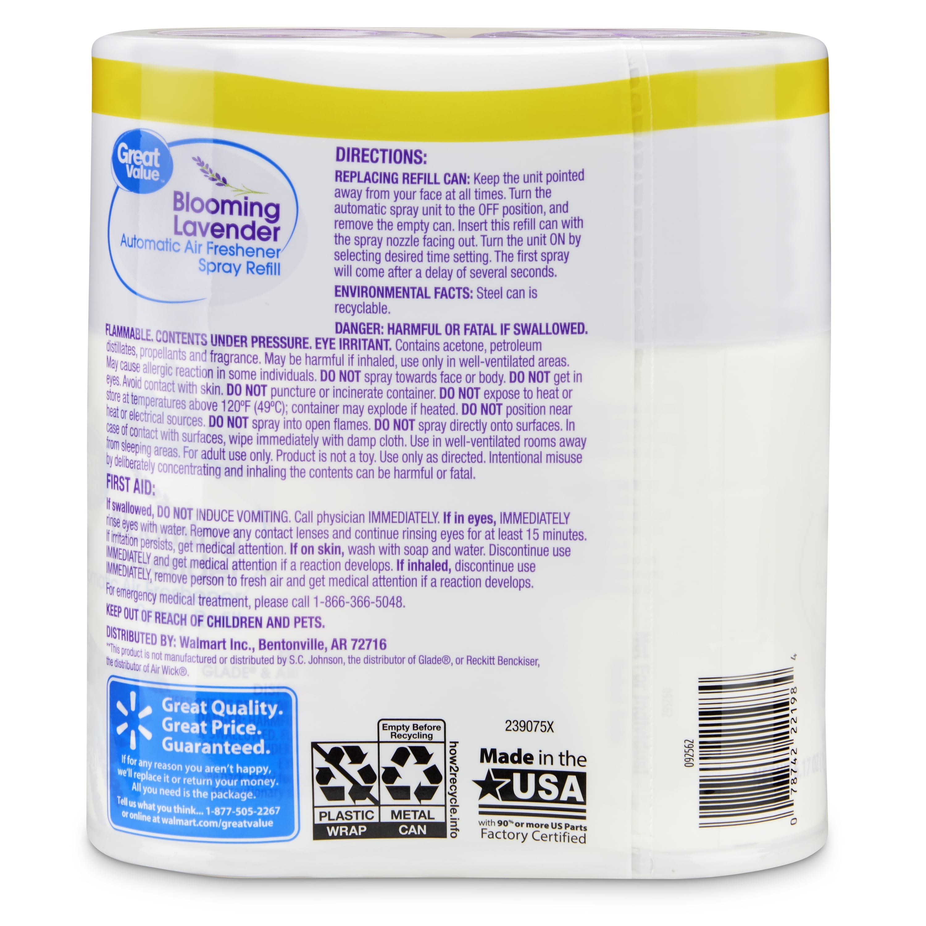 Great Value Automatic Air Freshener Spray Refill, Blooming Lavender, 12.34 oz, 2 Count