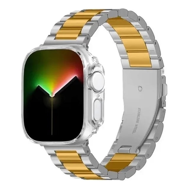 Correa Para Apple Watch, Eslabones de Acero Inoxidable con Case de Vidrio, Compatible con Todas las Series