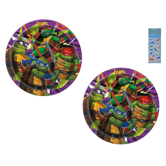 TMNT Teenage Mutant Ninja Turtles Birthday Party Supplies Bundle includes 16 Dessert Cake Paper Plates and 1 Dinosaur Sticker Sheet