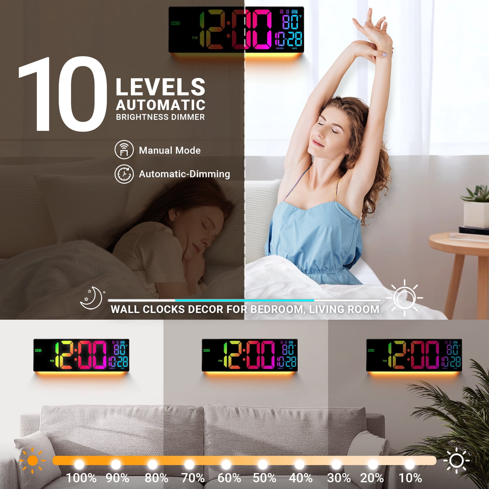 16" Large Digital Wall Mount Clock, Count Down Timer, Alarm, Big LED, DST, Temperature for Living Room Classroom Desk, Xmas, Birthday Gift for Senior Men Women Mom Dad, Colorful