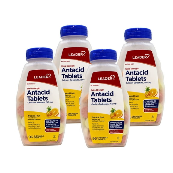4 Pack - Leader Extra Strength Antacid Chewable Tablets, Fast Relief of Heartburn and Acid Indigestion Reflux, Tropical Fruit, 96 Count