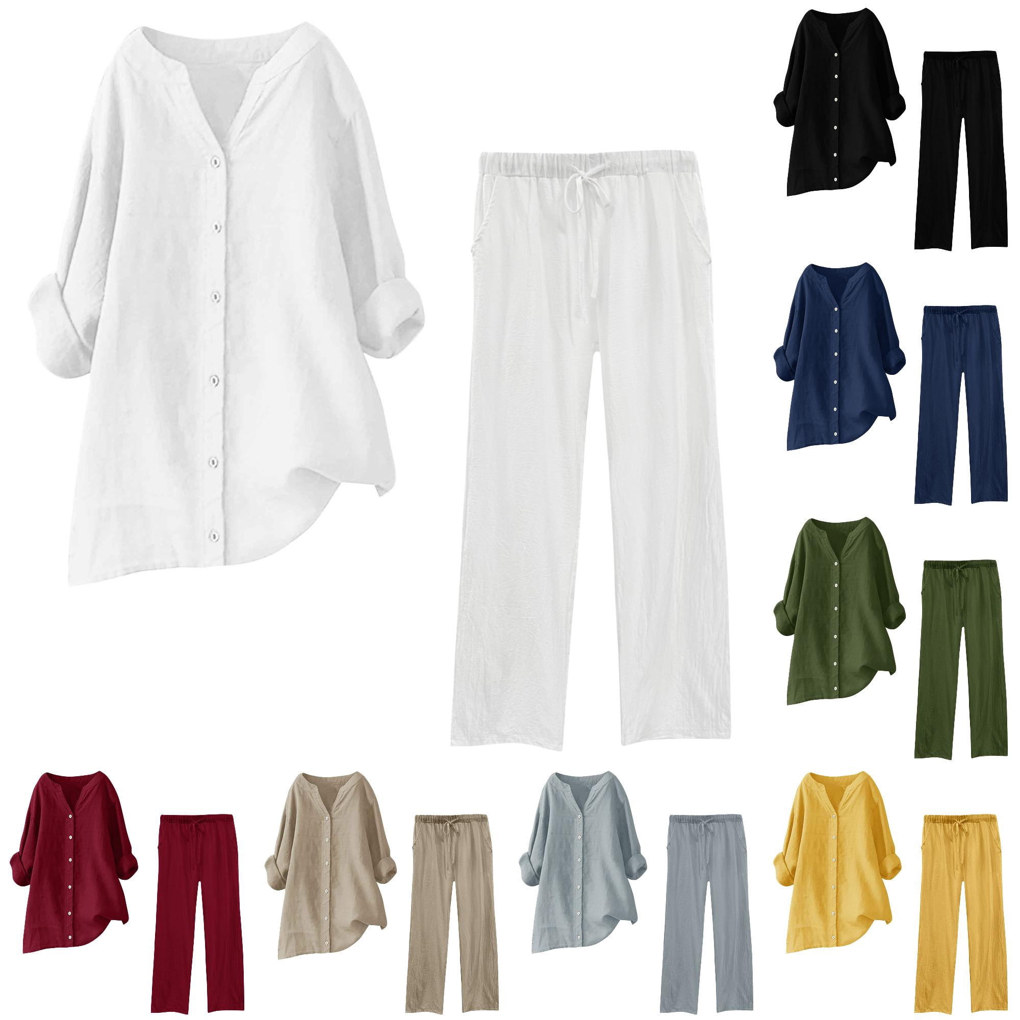 Daznico Women s Solid V Neck Roll Sleeve Button Linen Blouse Drawstring Wide Leg Pocket Pant 2 Piece Outfit Casual Streetwear Trousers Set XXL