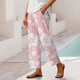 thumbnail image 3 of Boho Beach Pants for Women Casual Floral Print Elastic Waist Wide Straight Leg Loose Linen Cropped Pants with Pockets, 3 of 7