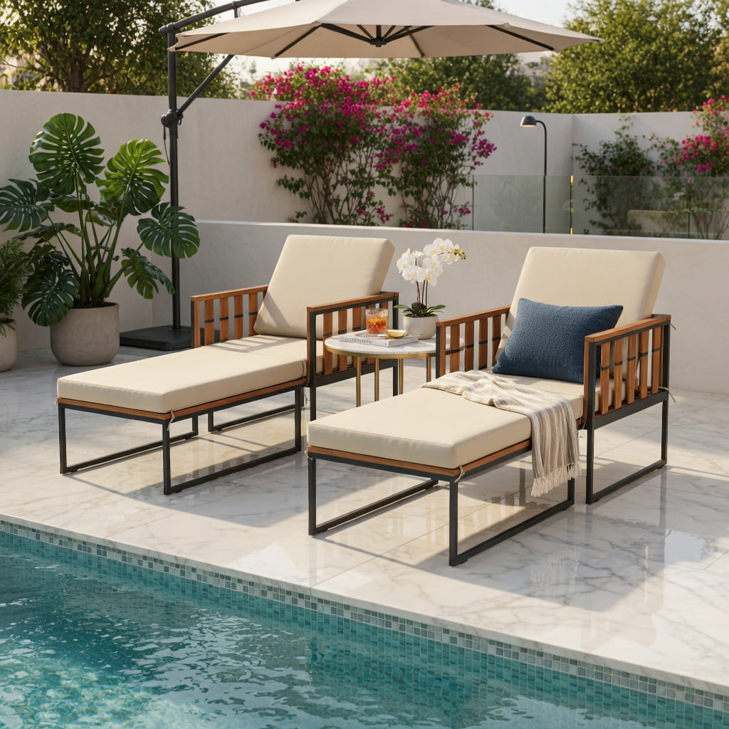 Hommoo Acacia Wood Patio Armchair Set with Matching Ottoman & Removable Cushions, Outdoor Lounge Chair for Backyard, Poolside, Balcony, Brown