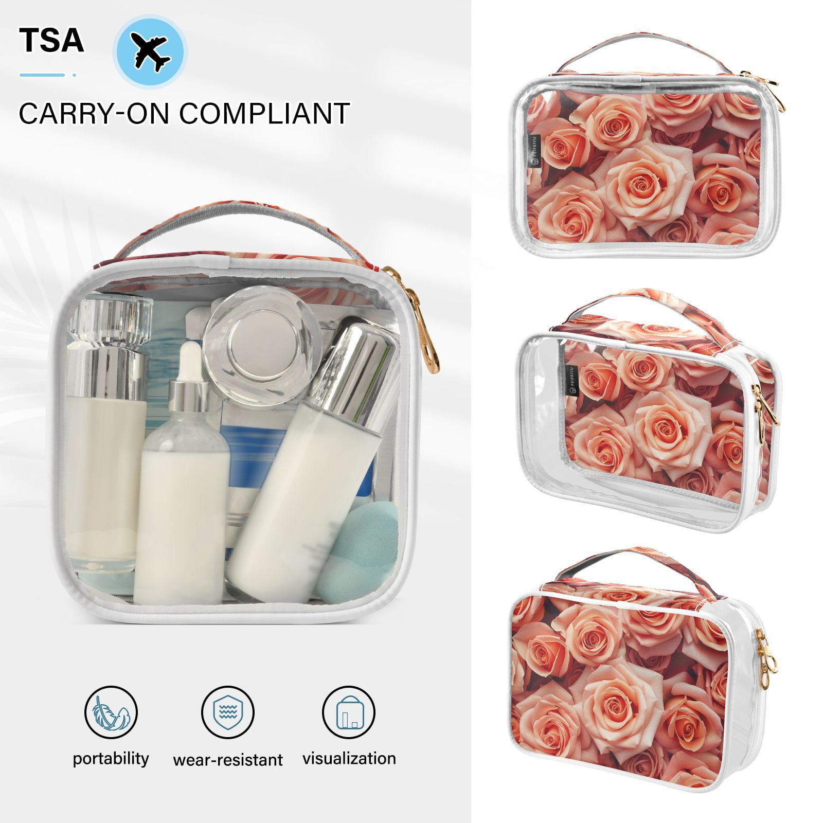 Clear Makeup Bags with Handle Large Opening 2 Pack Set Toiletry Bag Quart Size Bag, for Women Man Traveling Travel Essentials, Toiletries and Other. Valentine's Pink Roses Bloom