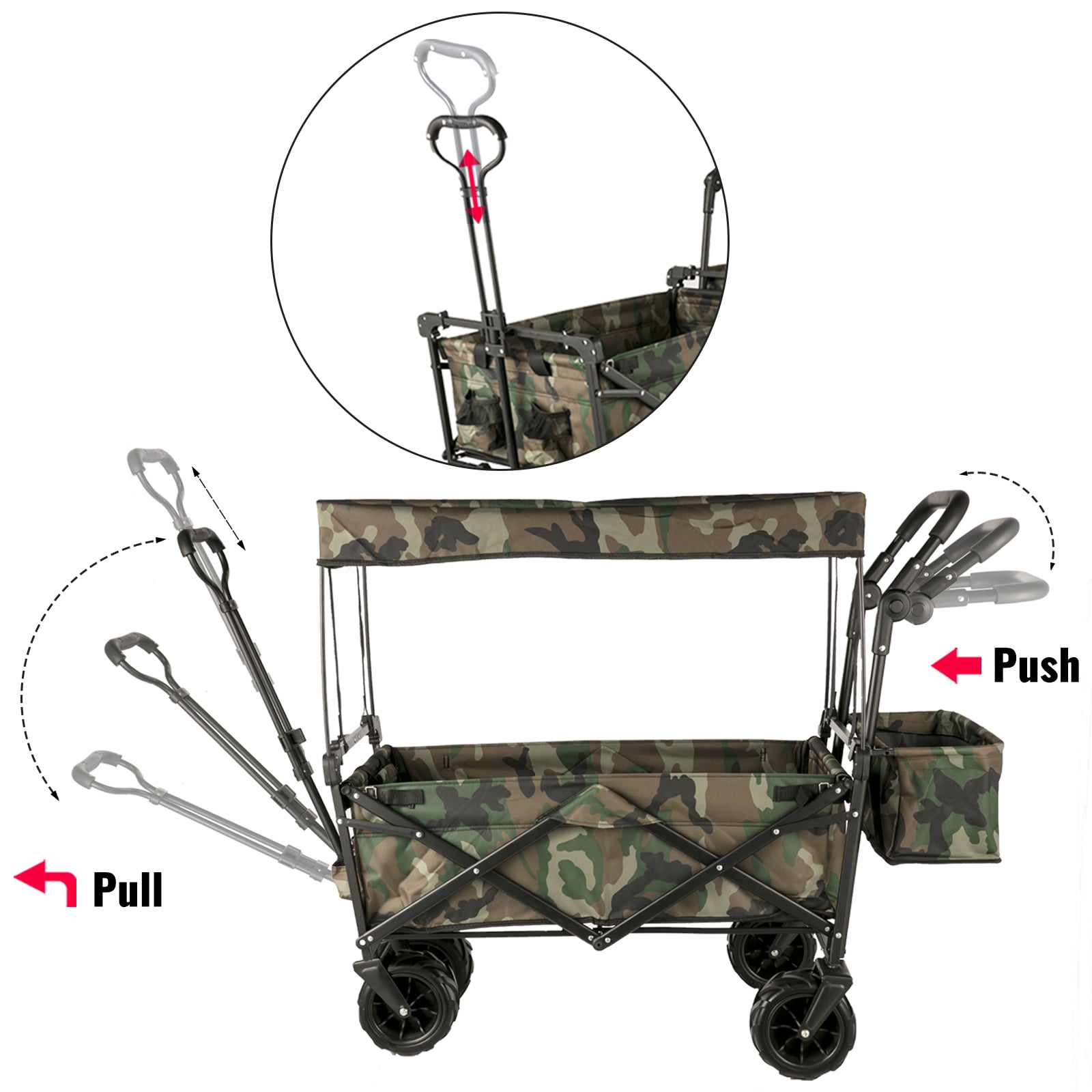 BENTISM Collapsible Wagon Cart, Folding Utility Garden Cart with Removable Canopy 600D Oxford Cloth,Wide Large All Terrain Wheels,Adjustable Handles Beach Cart for Camping (Camouflage)