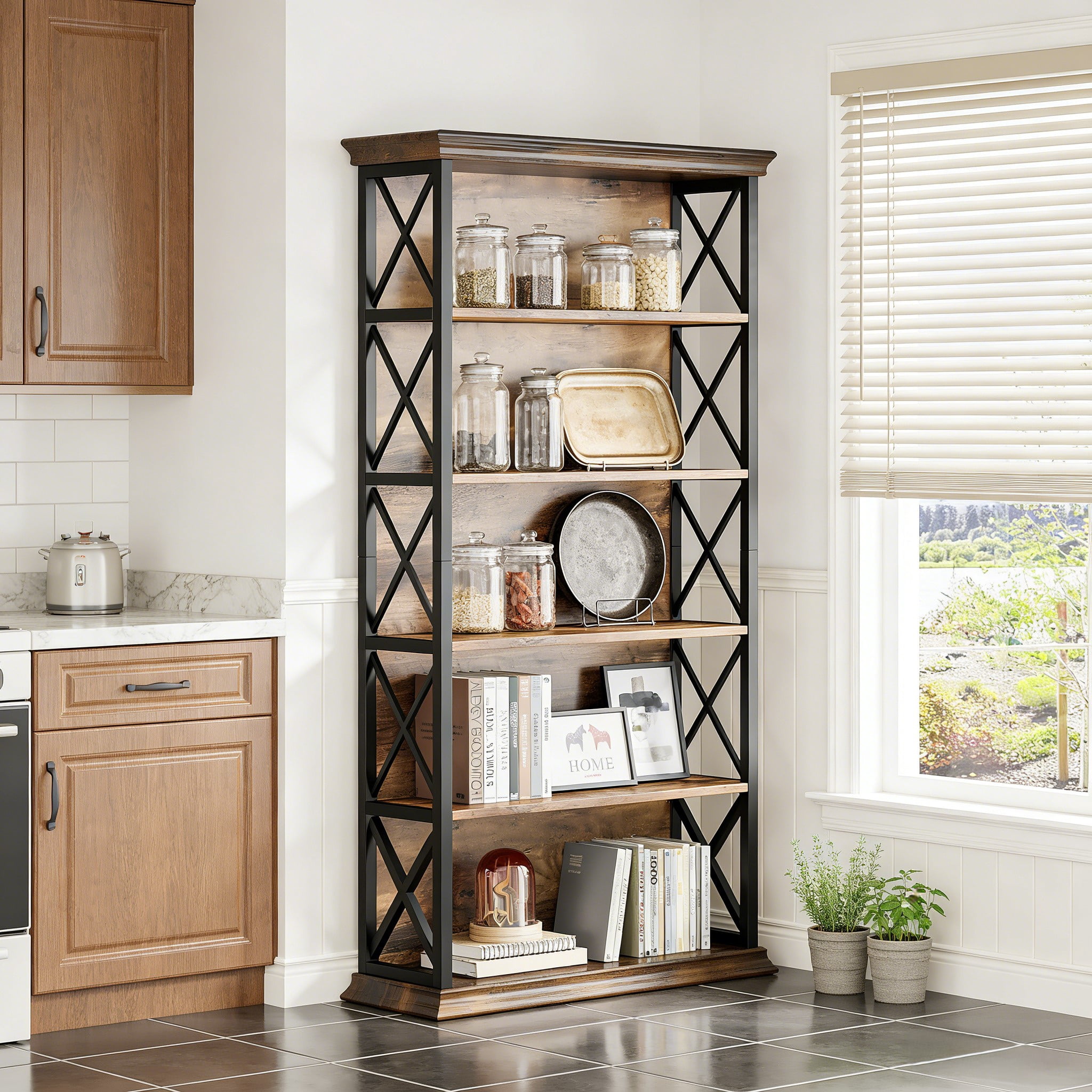 Fnova 71" 5-Tier Tall Bookshelf, Industrial Wood Bookcase with Metal Frame, Floor Standing Display Storage Shelves for Home Office, Living Room, Bedroom
