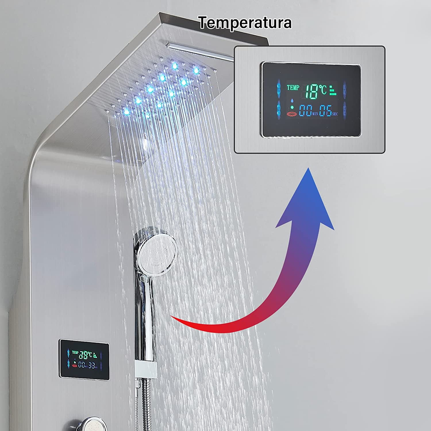 LED Shower Panel Tower System Multifunctional Shower Heads with Rain Massage Full Body Shower Jets Tub Spout Handheld Shower Wall Mounted Shower Panel Brushed Nickel