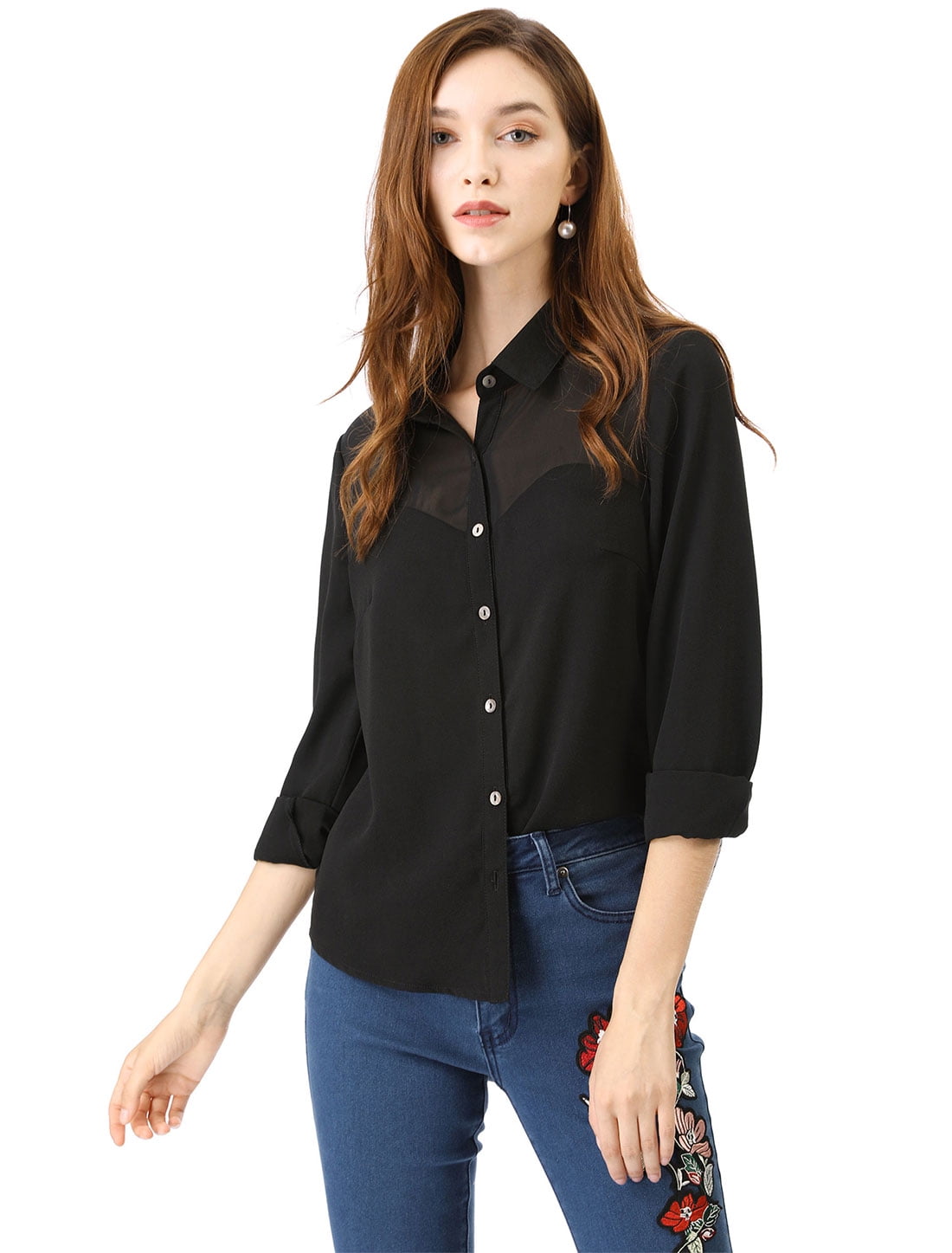 Black Sheer Long Sleeves Button Down Blouse