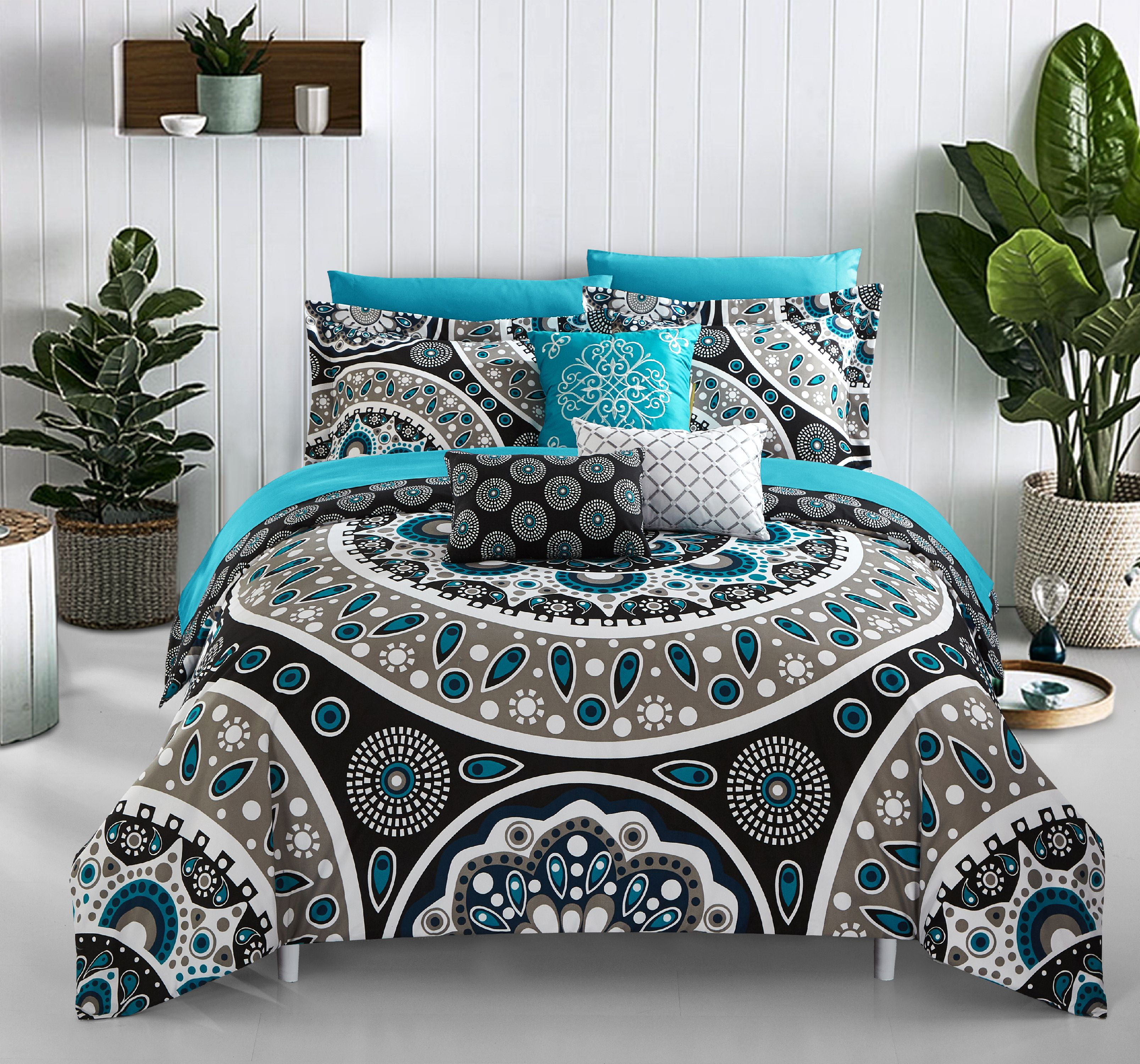 Blue King Chic Home Palmer 8 Piece Reversible Comforter Large Scale Boho Inspired Medallion Paisley Print Design Bed in a Bag-Sheet Set Pillowcases Decorative Pillow Shams Included