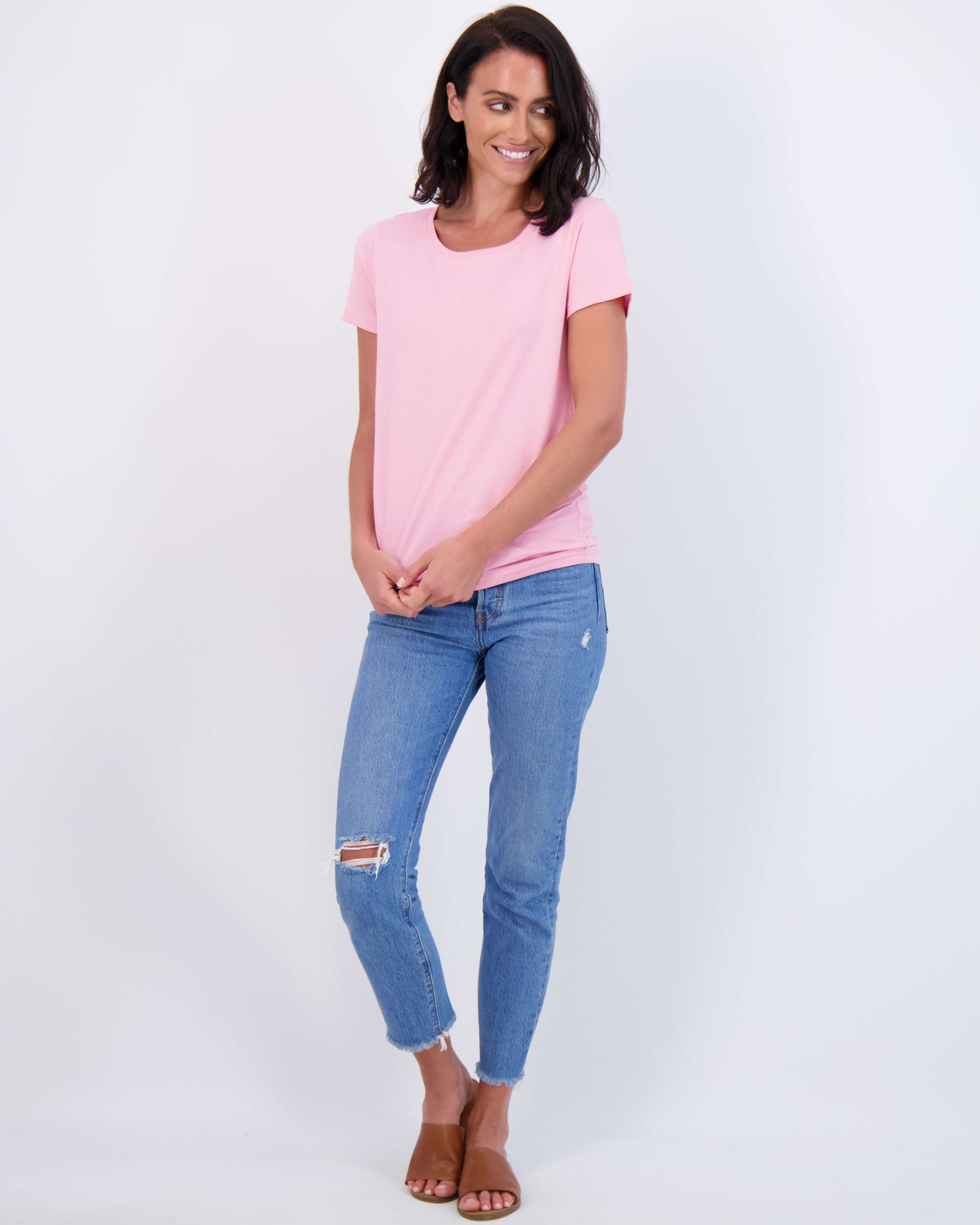 Real Essentials 4 Pack: Women's Classic-Fit Cotton Short-Sleeve Scoop Crew Neck T-Shirt (Available in Plus Size)