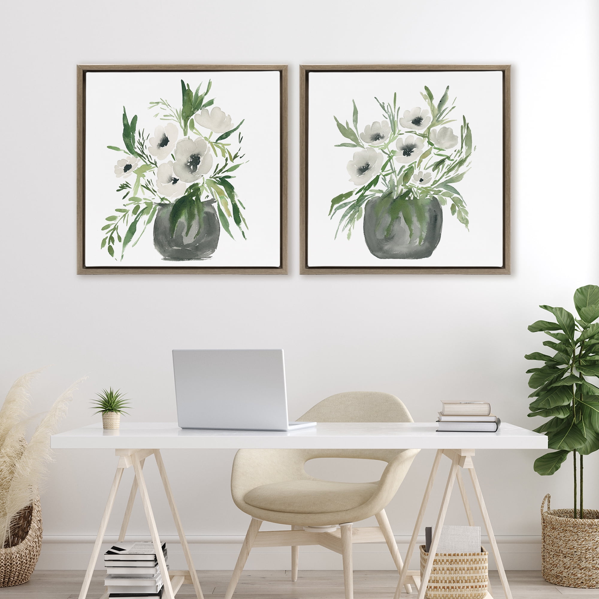 Stupell Industries White Anemone Vases 2 Piece Brown Framed Floater Canvas Set, design by Lucille Price