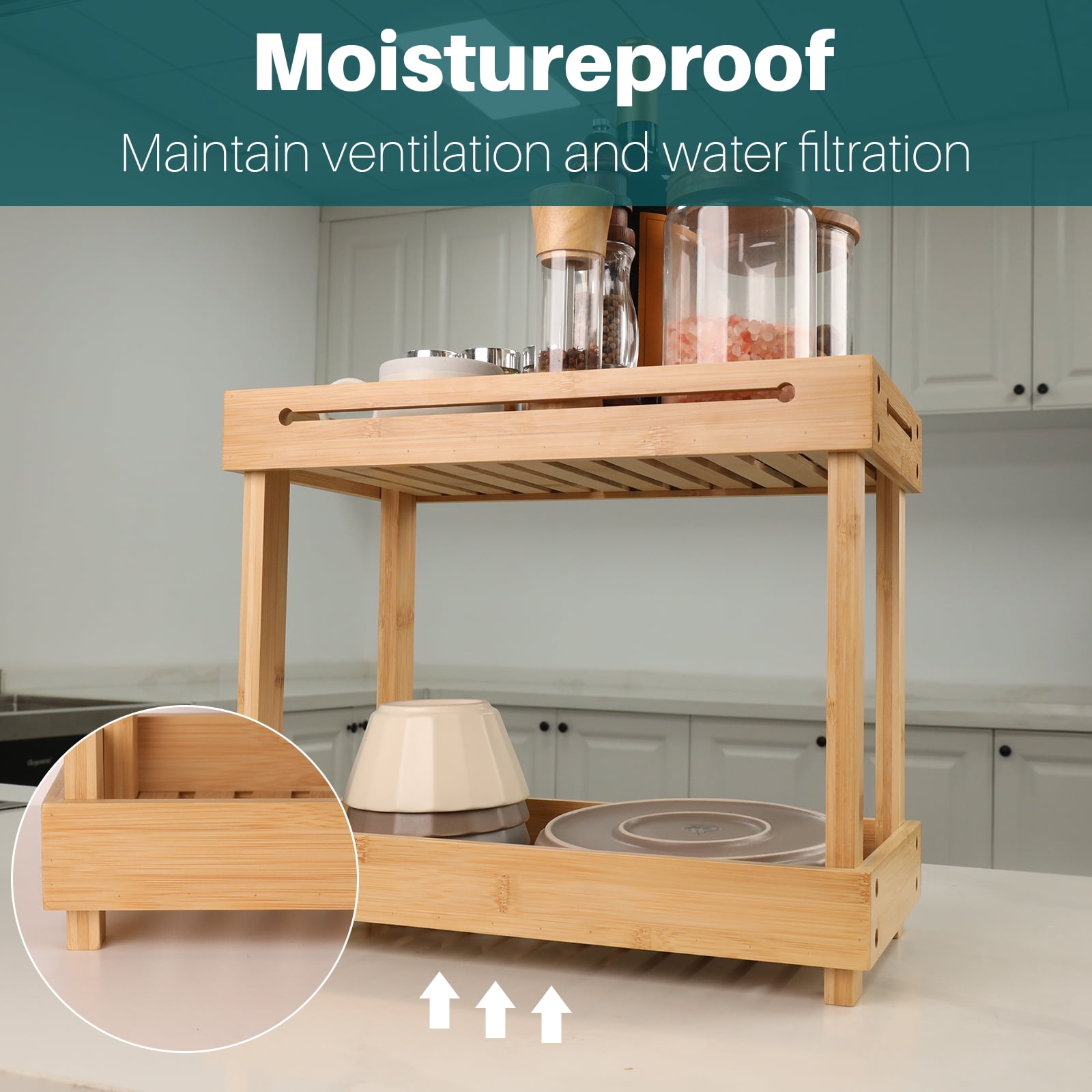 2 Tier Bamboo Under Sink Storage Kitchen Organizer, Kitchen Sink Organiser, Multipurpose Kitchen Cupboard Storage with 6 Bamboo Hooks, 1 Bamboo Hanging Box