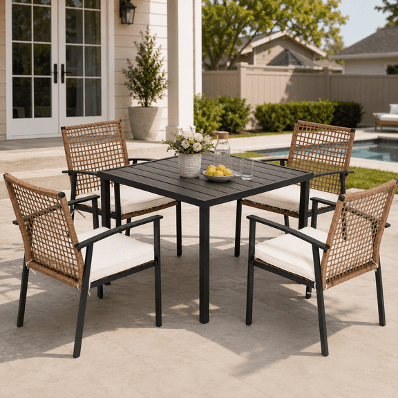 LAUSAINT HOME 5-Piece Outdoor Patio Dining Set, Wicker Patio Furniture Set with 4 Chairs, Cushions and Square Dining Table with Umbrella Hole, Backyard Garden Poolside Furniture