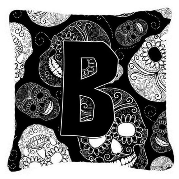Letter B Day Of The Dead Skulls Black Canvas Fabric Decorative Pillow