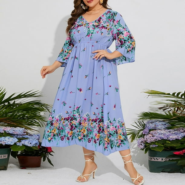WILLBEST Vestido De Lino Para Mujer, Moda Informal De Primavera, Talla Grande, Floral, De Gasa, Cintura Elástica, Mangas Acampanadas, Vestido De Fiesta