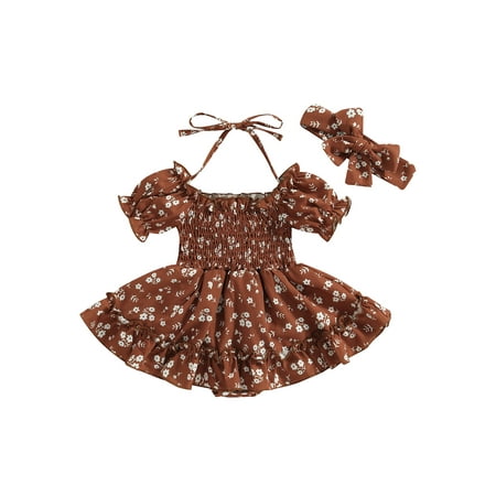 

Infant Baby Girls Summer Outfits Puff Sleeve Floral Print Halter Smocked Romper with Headband 2Pcs Set