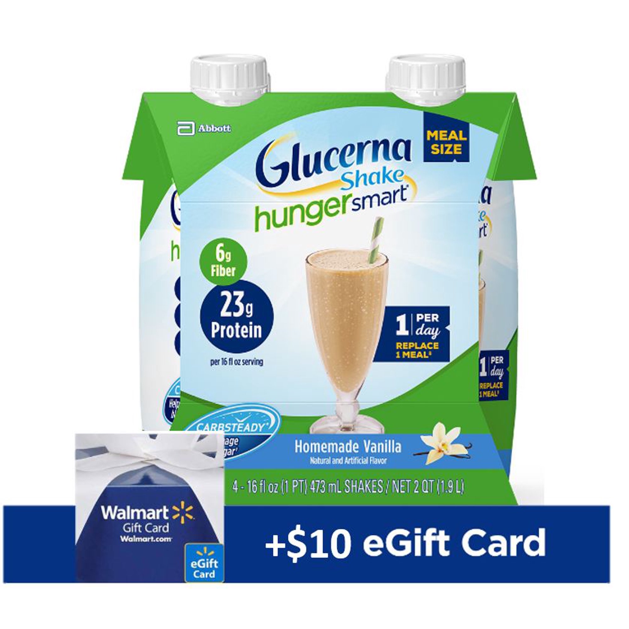 (FREE $10 Walmart eGift Card Included) Glucerna Hunger Smart Meal Shake, Diabetes Nutritional Shake, To Help Manage Blood Sugar, Homemade Vanilla, 16 fl oz, 12 Count
