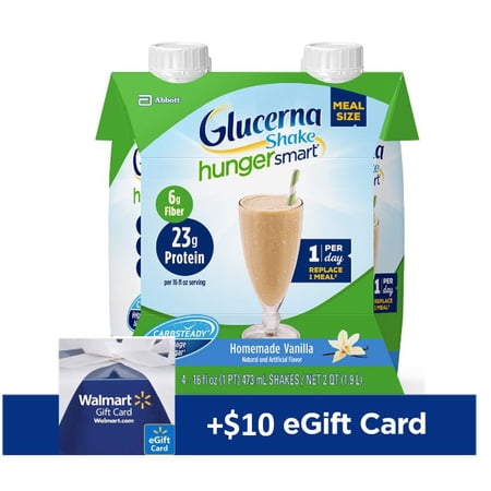 (FREE $10 Walmart eGift Card Included) Glucerna Hunger Smart Meal Shake, Diabetes Nutritional Shake, To Help Manage Blood Sugar, Homemade Vanilla, 16 fl oz, 12 Count