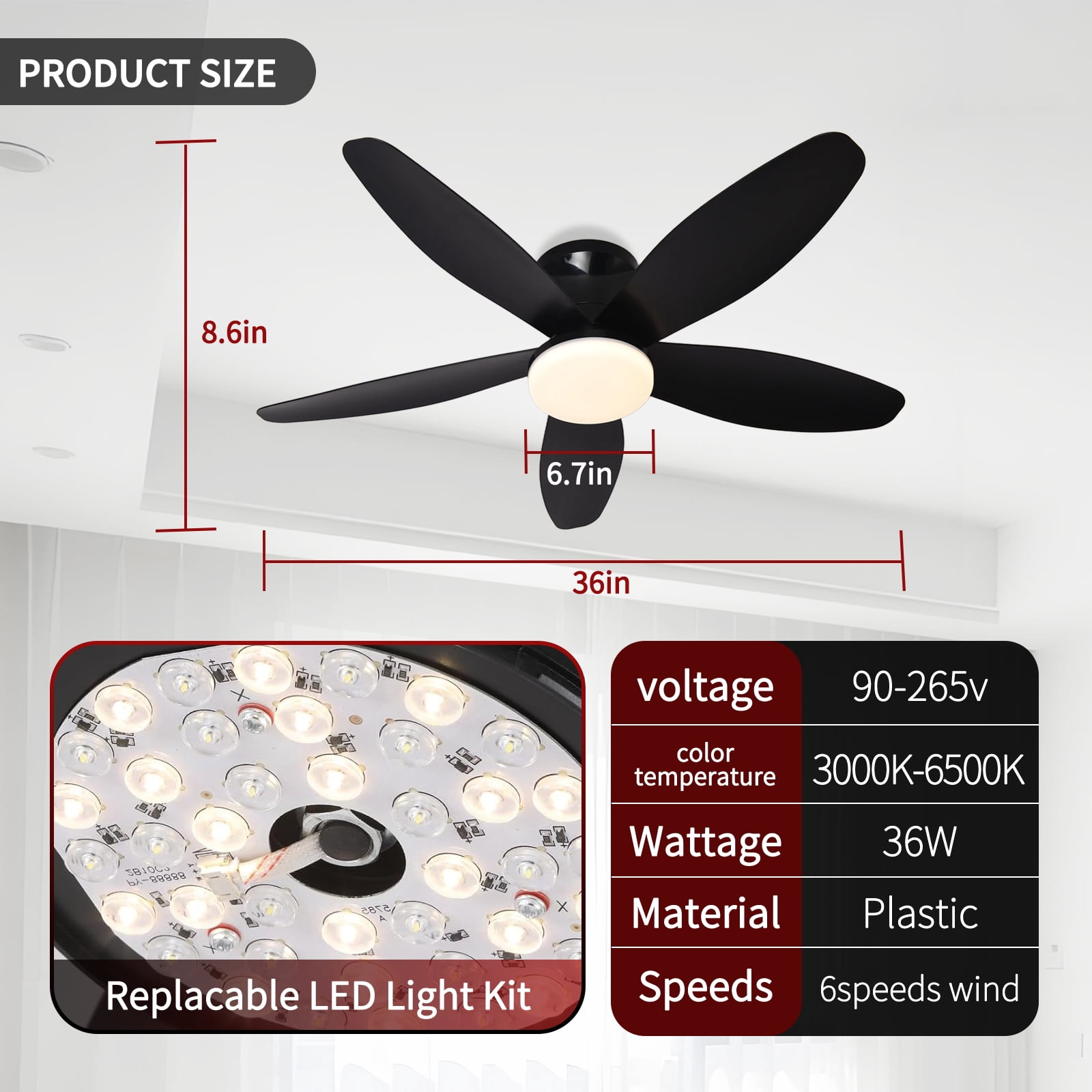 JLPAN Ceiling Fans with Lights, 36 Inch Low Profile Ceiling Fan with Light and Remote/APP Control, Flush Mount, 6 Speeds Reversible, LED Dimmable Modern Ceiling Fans for Bedroom,Indoor, Black