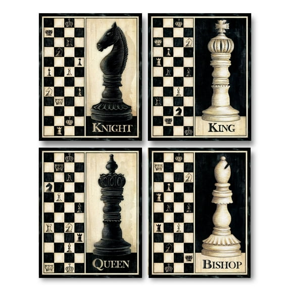 Classic Off-White and Black Chess Piece Adult Decor; 4- 11" x 14" Unframed Prints