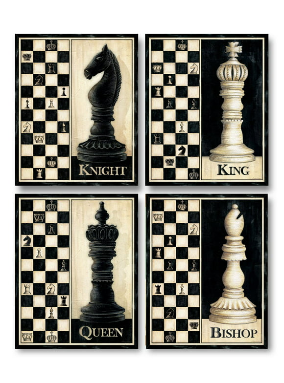 Classic Off-White and Black Chess Piece Adult Decor; 4- 11" x 14" Unframed Prints