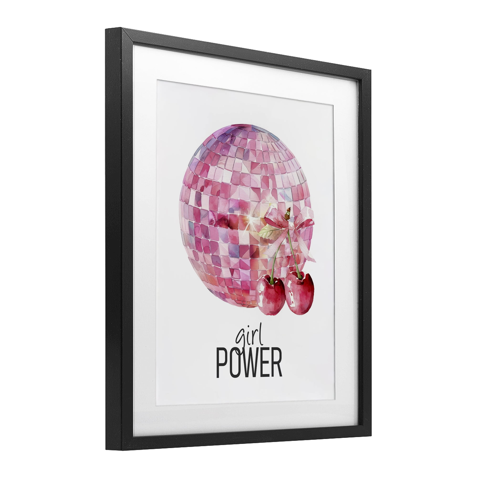 Girl Power Disco Cherries Black Framed Print Under Glass, design by Kim Allen